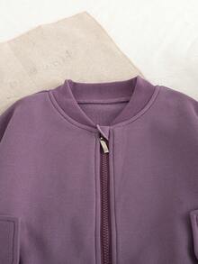 Girls Fashion Short Zip-Up Cardigan Jacket And Cargo Pocket Midi Skirt 2pcs Set, Autumn/Winter - Purple - View 4