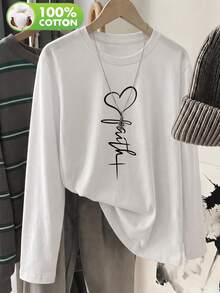 T-shirt à manches longues col ras-du-cou pour femmes, imprimé cœur en art linéaire "Foi", Top décontracté coupe ample - Blanc - Voir 11