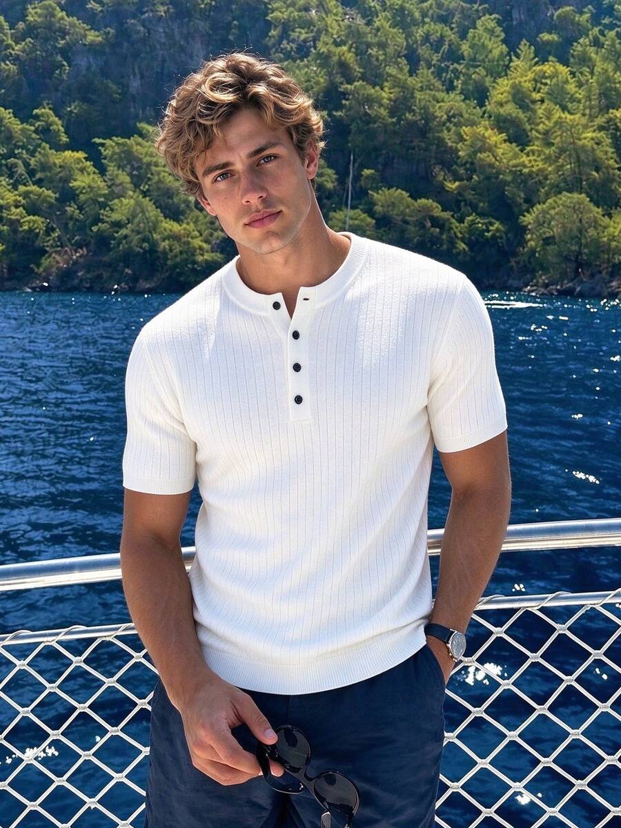 Camvyn Men's Casual Versatile Henley Collar Striped Slim Fit Short Sleeve Sweater - White - View 1