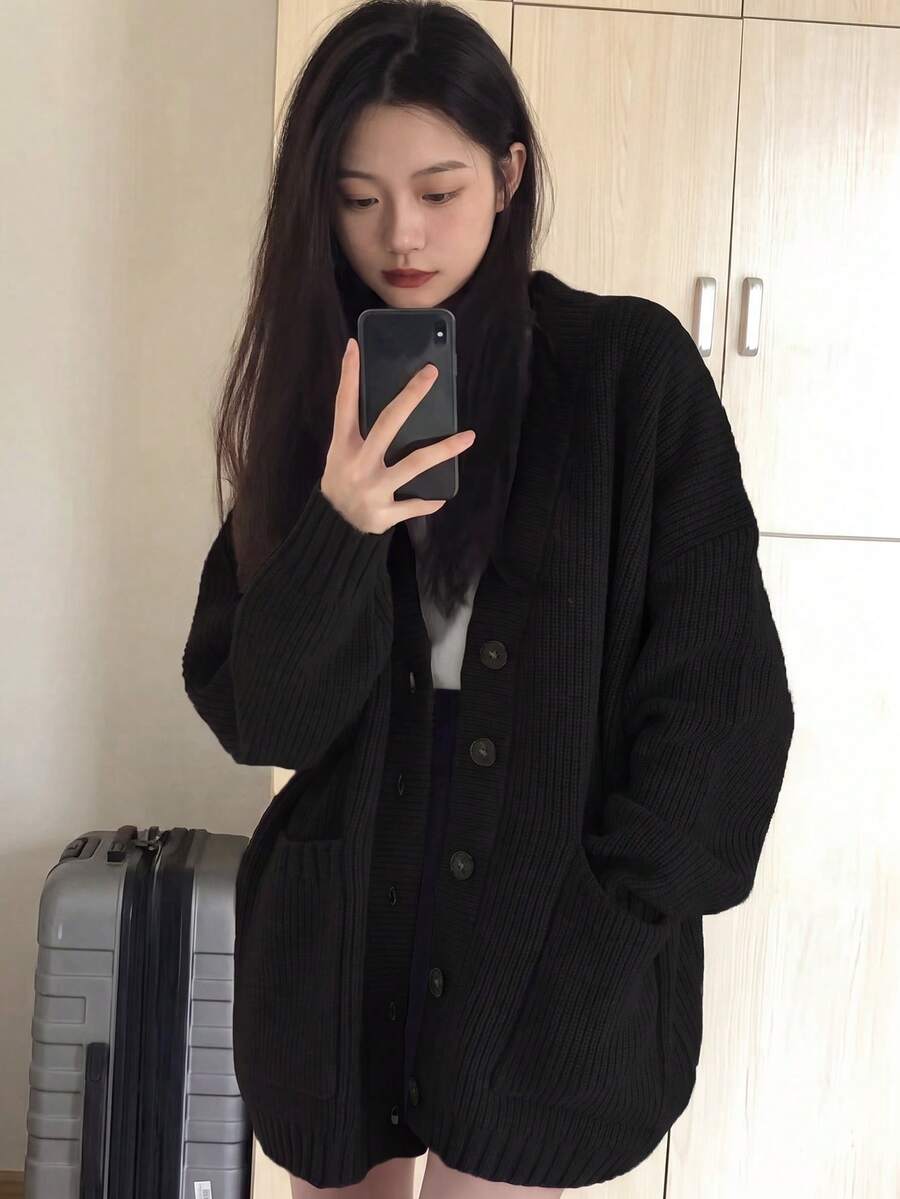 纯色落肩宽松开衫,长袖上衣,休闲黑色 - 黑色 - 查看 1