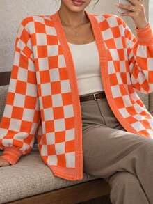 Women's V-Neck Checkerboard Print Knit Cardigan, Front Open Dropped Shoulder Long Sleeve Casual Mid-Length Cardigan - Multicolor - View 5