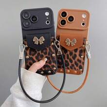 Leopard Print Bow Card Holder Compatible With Apple 17 Pro Max Phone Case Cover 14 Full Coverage 13 Litchi Texture 16 - Black - View 3