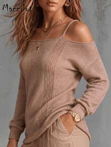 Plus Size Women Fall Winter Spaghetti Strap Cold Shoulder Knit Sweater, Long Sleeve Pullover For Commute Date & Daily Outing - Mocha Brown - View 4