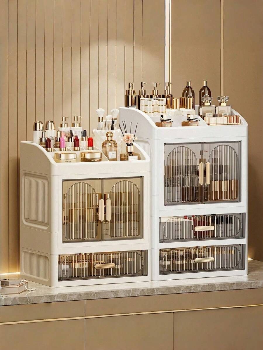 Large Capacity Skincare Storage Cabinet With Drawers And Dust-Proof Design, Countertop Cosmetic Organizer For Lipstick, Perfume, Lotion, Bathroom Vanity Storage Solution, Space-Saving Luxury Transparent Striped Door Makeup Storage Box