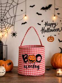 Customized Name Halloween Trick Or Treat Bucket, Orange Plaid Portable Candy Basket, Personalized Text, Halloween Party Gift Candy Bucket - Multicolor - View 4