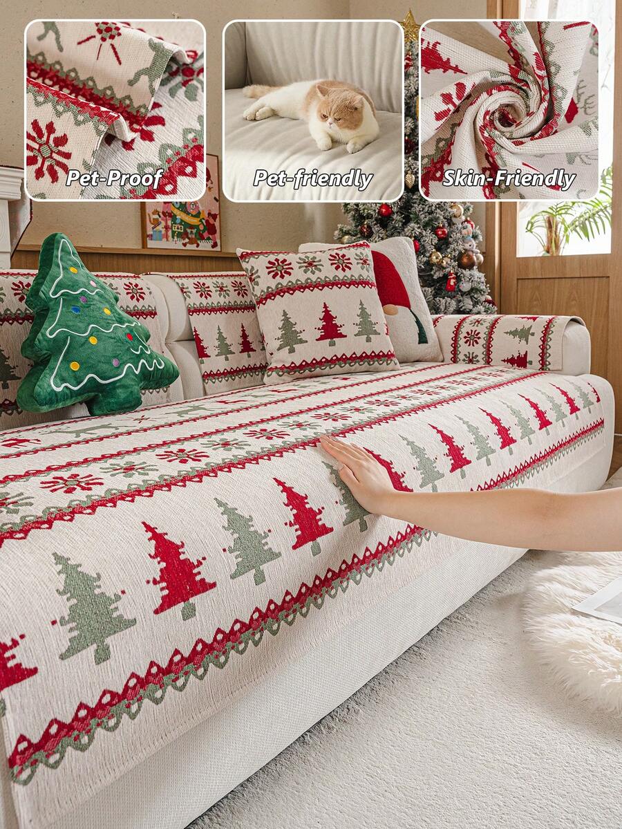 1 Buah Alas Sofa Motif Pohon Natal, Pelindung Sofa Anti Selip Anti Hewan Peliharaan, Pelindung Furnitur Natal Motif Kepingan Salju Ramah Kulit untuk Dekorasi Liburan Ruang Tamu - Putih - View 1
