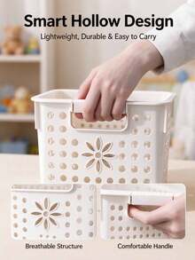 White Hollow Plastic Storage Basket With Floral Cutout Pattern And Handle, Multi-Functional Home Organizer Bin For Toys, Clothes, Sundries, Suitable For Bedroom, Living Room, Closet And Game Room - Multicolor - View 7