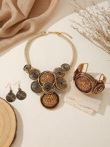 1 Set Handmade Heavy Beaded Exaggerated Multi-Layer Fashion Vintage Bohemian European & American Evening Party Vacation Style South Asian Style Necklace, Earrings, Bracelet - Gold - View 3