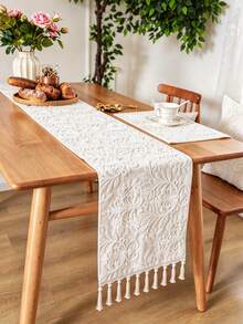 1 pieza Elegante camino de mesa de comedor de doble capa bordado, con flecos hechos a mano, bordado de un solo lado, multiusos para mesa de comedor, decoración de aparador - Base beige con bordado blanco - Ver 9