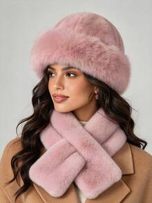 Winter Thickened Faux Fur Hat And Scarf 2-Piece Set For Women, Textured Ear-Flap Bucket Hat, Cross-Style Plush Neck Warmer Integrated Set - Multicolor - View 2