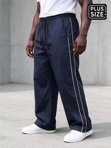 Men's Plus Size Navy Blue Side White Stripe Wide Leg Long Pants Drawstring Elastic Waist Casual Straight Leg - Blue - View 5