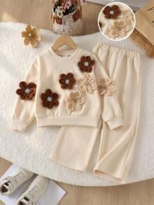 2pcs Girls Casual Sporty 3D Floral Crew Neck Long Sleeve Sweatshirt & Elastic Waist Straight Leg Pants Set, Spring/Autumn - Apricot - View 1