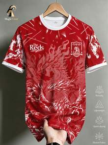 Men's Liverpool Phoenix Print Football Jersey, Moisture-Wicking Quick-Dry Breathable Short Sleeve Soccer Shirt, Suitable For Training, Matches, Daily Wear, Gift - Red - View 2