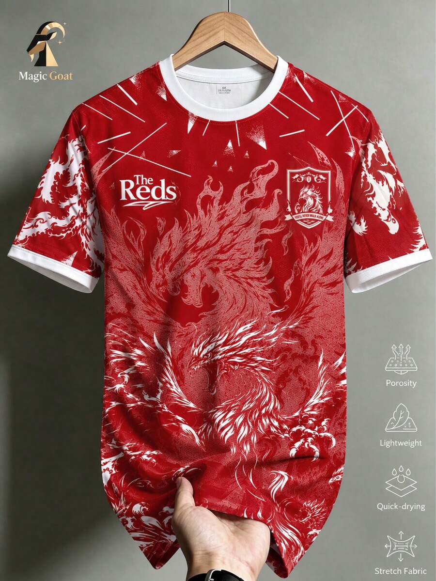 Men's Liverpool Phoenix Print Football Jersey, Moisture-Wicking Quick-Dry Breathable Short Sleeve Soccer Shirt, Suitable For Training, Matches, Daily Wear, Gift