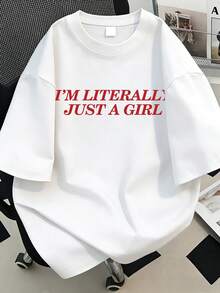 Women's Vintage Printed T-Shirt - "I'm Just A" Letter Graphic, White Background Red Text Short Sleeve Summer Casual Top, Fashionable & Fun Design - White - View 2