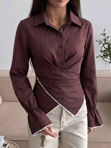 Women's Brown Striped Criss-Cross Design Long Sleeve Shirt - Brown - View 1