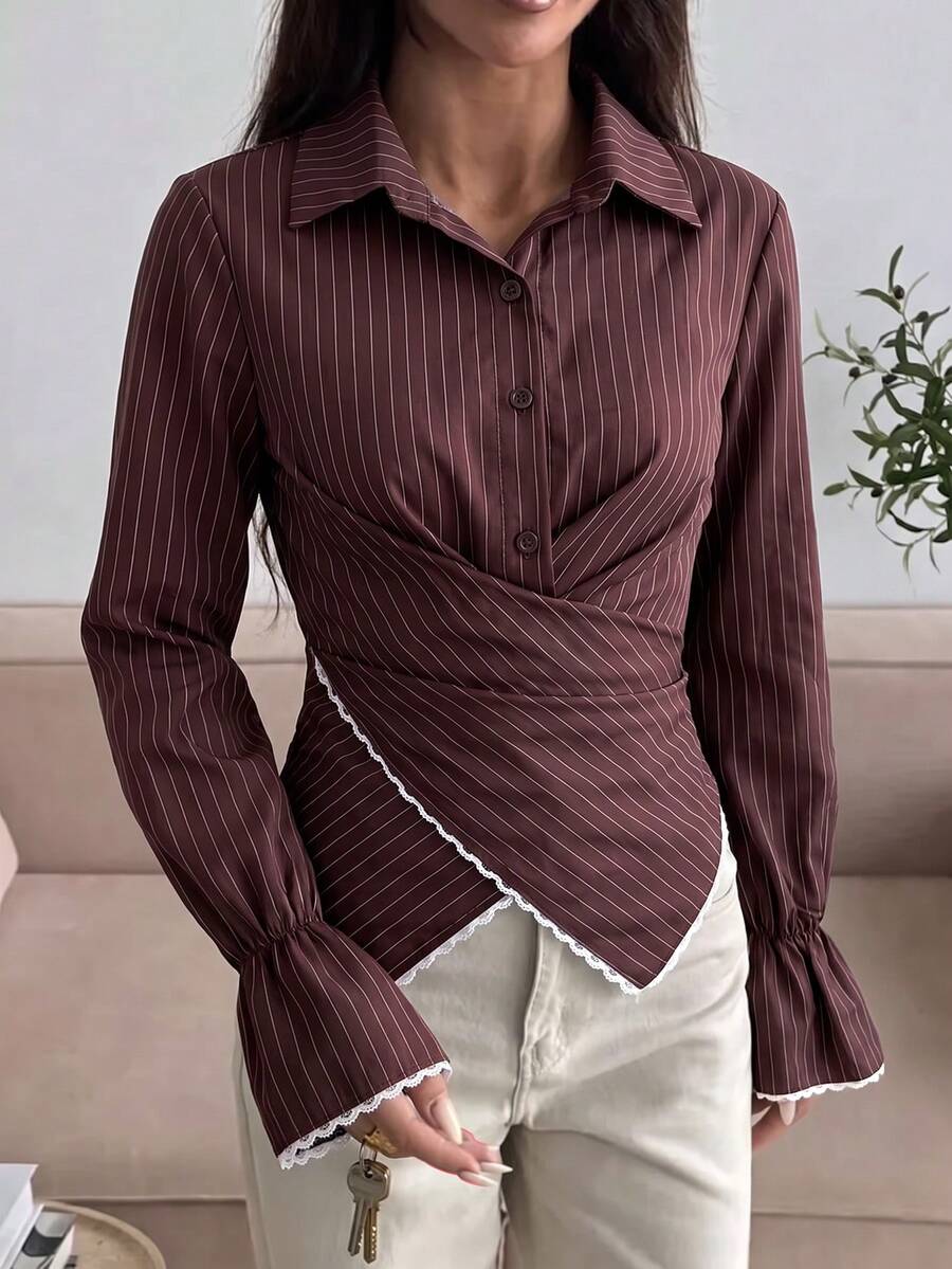 Women's Brown Striped Criss-Cross Design Long Sleeve Shirt - Brown - View 1