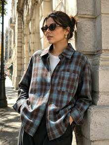 Plus Size Women's Brown & Blue Plaid Shirt Collar Long Sleeve Button Front Drop Shoulder Top (With Pockets, Suitable For Autumn) - Blue - View 9