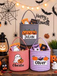 Customized Name Halloween Trick Or Treat Bucket, Orange Plaid Portable Candy Basket, Personalized Text, Halloween Party Gift Candy Bucket - Multicolor - View 8