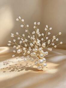 1pc Heavy Hand-Beaded Pearl Floral Branch Hair Accessory, Luxury High-End Bridal Headpiece, Exquisite Hair Clip For Wedding, Banquet, Party, Women's Updo - Multicolor - View 3