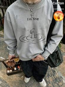 Men's Thermal Lined Crew Neck Sweatshirt With Concentric Circle Letter Print, Y2K Style, Autumn/Winter - Heather Gray - View 3