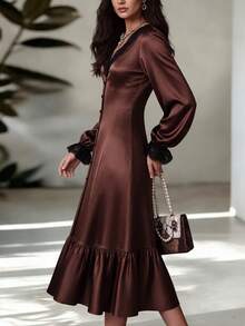 Women's Elegant Satin Midi Dress, V-Neck Black Lace Trim Lantern Long Sleeve Front Button Ruffle Hem Formal Party Gown - Brown - View 3