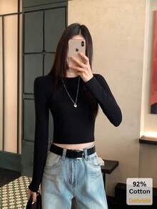 American Hot Girl Style Round Neck Short Long Sleeve T-Shirt Women Autumn Slim Fit Flattering Versatile Base Layer Black Top - Black - View 1