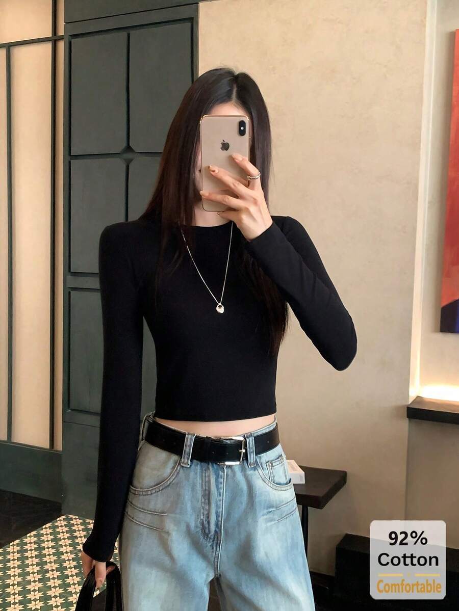 American Hot Girl Style Round Neck Short Long Sleeve T-Shirt Women Autumn Slim Fit Flattering Versatile Base Layer Black Top - Black - View 1