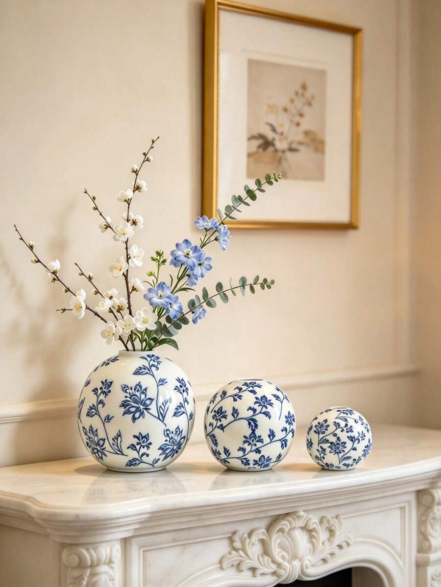 Blue And White Porcelain Ceramic Vase, Round Ball Shaped Decorative Flower Vase For Home Tabletop Decor