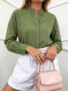 Women's Casual Solid Button Front Stand Collar Long Sleeve Button Cuff Relaxed Fit Shirt Business Office Home Vacation Daily Spring Autumn Winter - Army Green - View 5