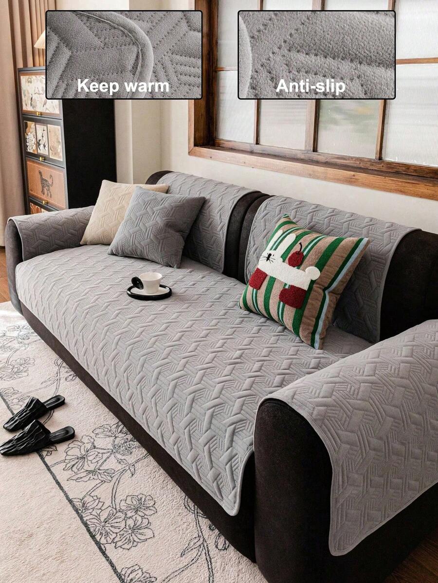 1pc Geometric 3D Solid Color Dutch Velvet Quilted Sofa Cushion, Minimalist Style, Non-Slip Back, Pet-Friendly, Soft Multi-Functional Anti-Dirt Anti-Dust, Holiday Decor Sofa Cushion, Backrest Cover Armrest Cover Universal, All Season Sofa Cover - Dark Grey - View 1