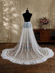 1 Piece Long Leaf‑Floral Applique Lace Ruffle Train Tulle Over‑Skirt, Flowy Ruffle Sheer Overlay For Church Wedding Bridal Styling - Multicolor - View 10