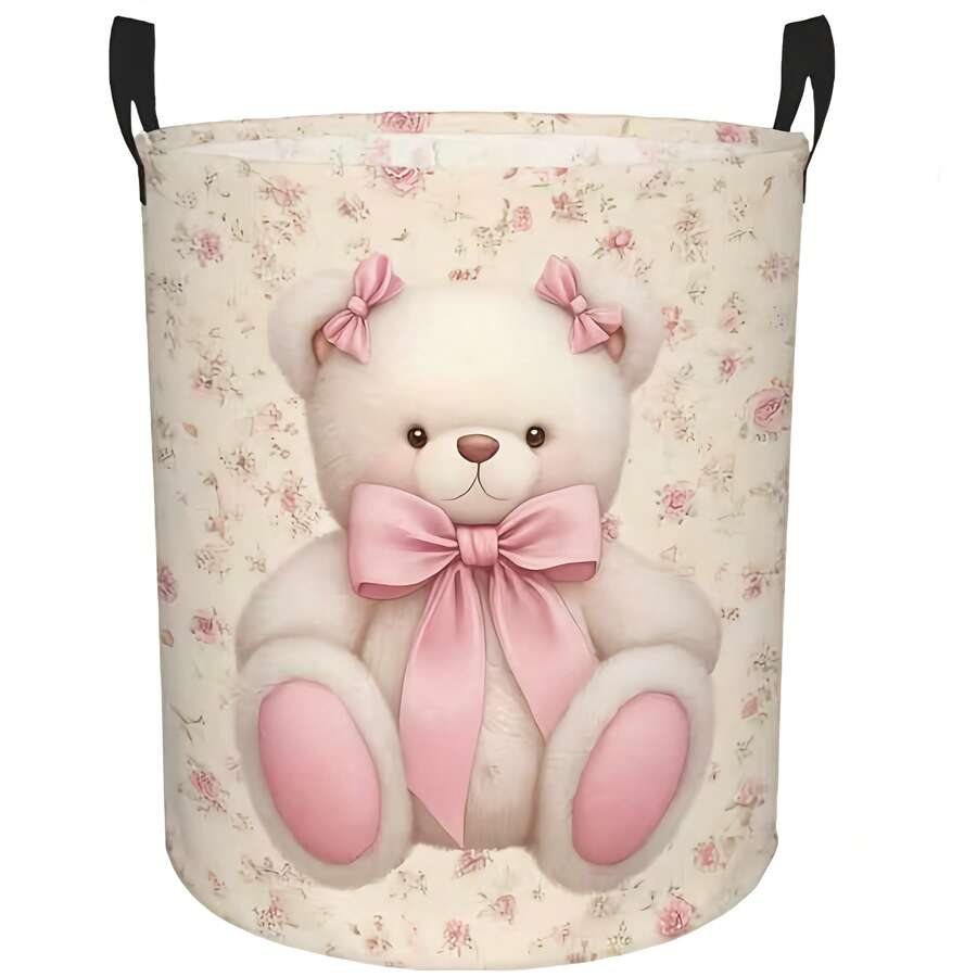 Retro Floral Cute Teddy Bear Print Storage Bin, Pink Big Bow Foldable Laundry Basket With Handle, Baby Room Toy And Dirty Clothes Storage Basket - Pink - View 1