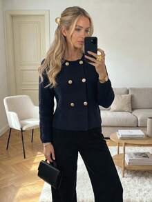 Women's Autumn/Winter New Double-Breasted Knit Cardigan, Suitable For Commuting, Office, Business Professional Occasions And Casual Daily Wear - Royal Blue - View 3