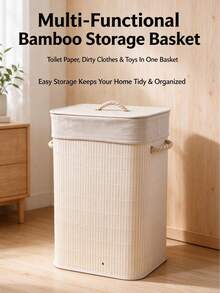 1pc Large Bamboo Woven Foldable Laundry Basket With Lid - Multicolor - View 8