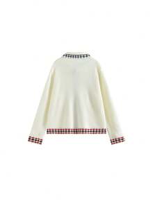 Contrast Color Lapel Textured Knit Cardigan With Visible Stitching - Color as Shown In Picture - View 3