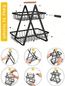 3‑Tier Metal Fruit Storage Basket With Wooden Handle, Foldable Countertop Organizer, Food Display Holder, For Kitchen Counter, Dining Table, Outdoor Picnic, Perfect For Family Users To Store Fruits, Vegetables And Snacks - Multiple Specifications - View 5