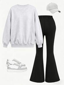 2pcs/Set Girls Minimalist Casual Slogan Print Crew Neck Sweatshirt & Flare Pants Outfit, Autumn/Winter Fashion Comfortable New Style - Multicolor - View 3
