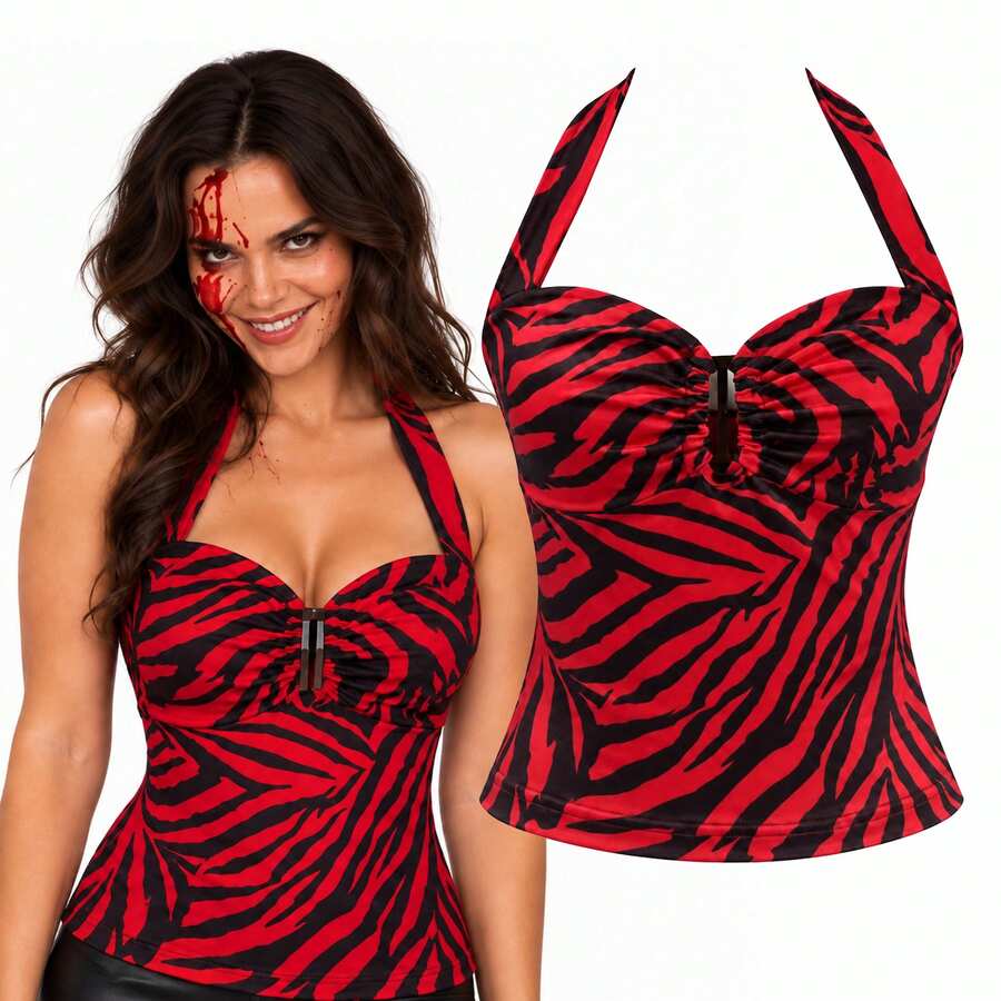 Womens Halloween Zebra Print Halterneck Costume Top Fancy Dress Party ...
