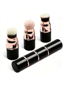 3-In-1 Premium Mini Portable Makeup Brush Set With Dust-Proof Cover, Detachable Foundation, Powder, And Blush Brushes, Customizable Combination, Includes Foundation Sponge Head, Angled Foundation Brush Head, Powder Brush Head, One Set Meets Daily Simple Makeup Needs, Convenient For Travel And Easy Storage, Soft Skin-Friendly Bionic Fiber Bristles, Thickened Aluminum Tube For Secure And Non-Deformable Bristle Attachment - Multicolor - View 2