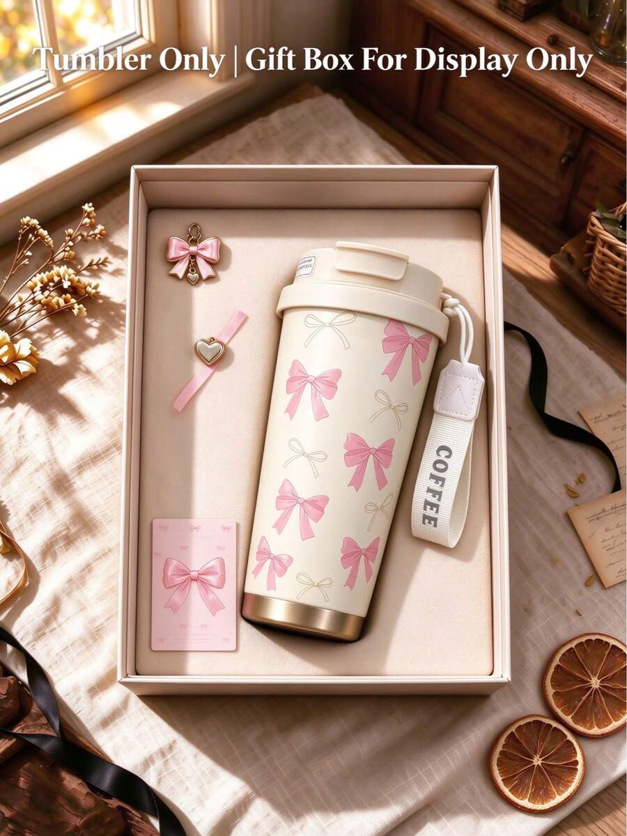 1pc 350ml Stainless Steel Insulated Coffee Cup, Pink Bow Pattern Print, Sweet Style, Daily Water Bottle, Convenient For Travel, Suitable For Self-Use Or Gift, Holiday/Christmas Gift, Meeting Daily Use Needs.