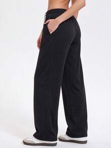 KyrLssu Women's Colorblock Drawstring Wide Leg Sweatpants, Black Loose Fit Long Pants, Suitable For Daily Wear - Black - View 2