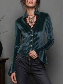 Women's Autumn Velvet Striped Slim Fit Blazer, V-Neck Lace Trim Long Sleeve Jacket With Gold Buttons - Teal Blue - View 3