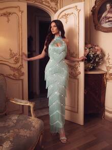 Modphy New Light Blue Bandage Dress Elegant Diamond Strap Backless Fitted Long Party Dress For Women Wedding Guest Formal Evening Gown - Mint Green - View 8