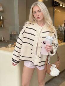 Women's Plus Size Autumn/Winter Fashion Casual Minimalist Button Knit Cardigan Top, Suitable For Outings, Concerts, Winter Style - White/Black - View 4