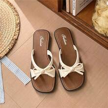 French Fairy Style Bow Slip-On Slippers For Women, 2026 New Spring/Summer Casual Vacation Flat Beach Sandals - Off White - View 4