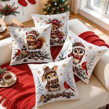 4pcs Forest Animals Christmas Pillow Covers, Rabbit Squirrel Owl Deer Cardinal Bird Print Pattern, Single-Sided Printed Pillow Covers/Cushion Covers, Multi-Scene Atmosphere Decoration Pillow Covers Suitable For Living Room Sofa Bedroom, Pillow Insert Not Included - Multicolor - View 6