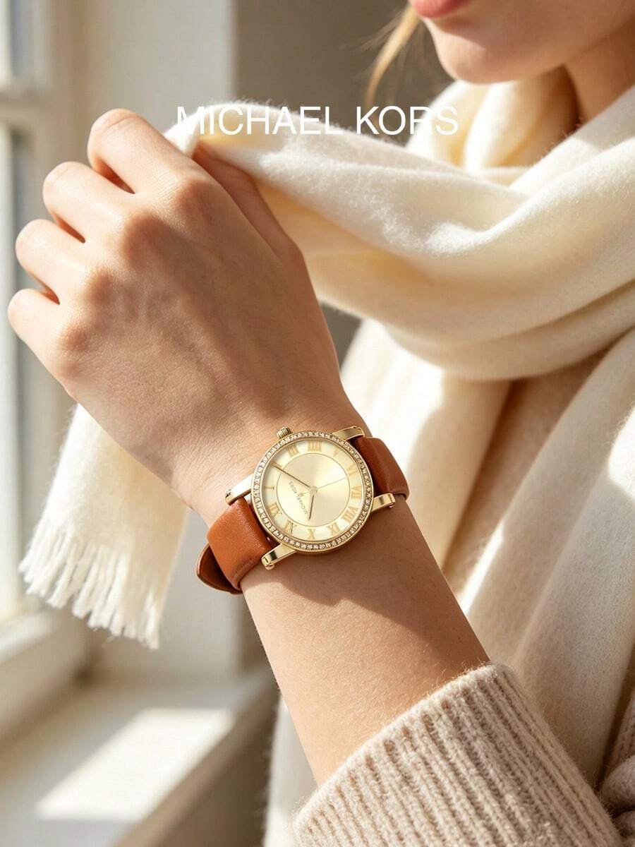 Michael Kors MK2697 Women's Quartz Watch 28mm Small Dial Crystal Bezel Brown Leather Vintage Commuter Wristwatch Gift - Gold - View 1