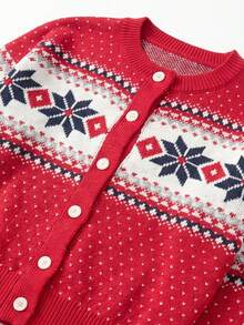 Women's Red Fair Isle Snowflake Jacquard Pattern Long Sleeve Crew Neck Knit Cardigan, Winter Date & Daily Wear Essential - Red - View 6