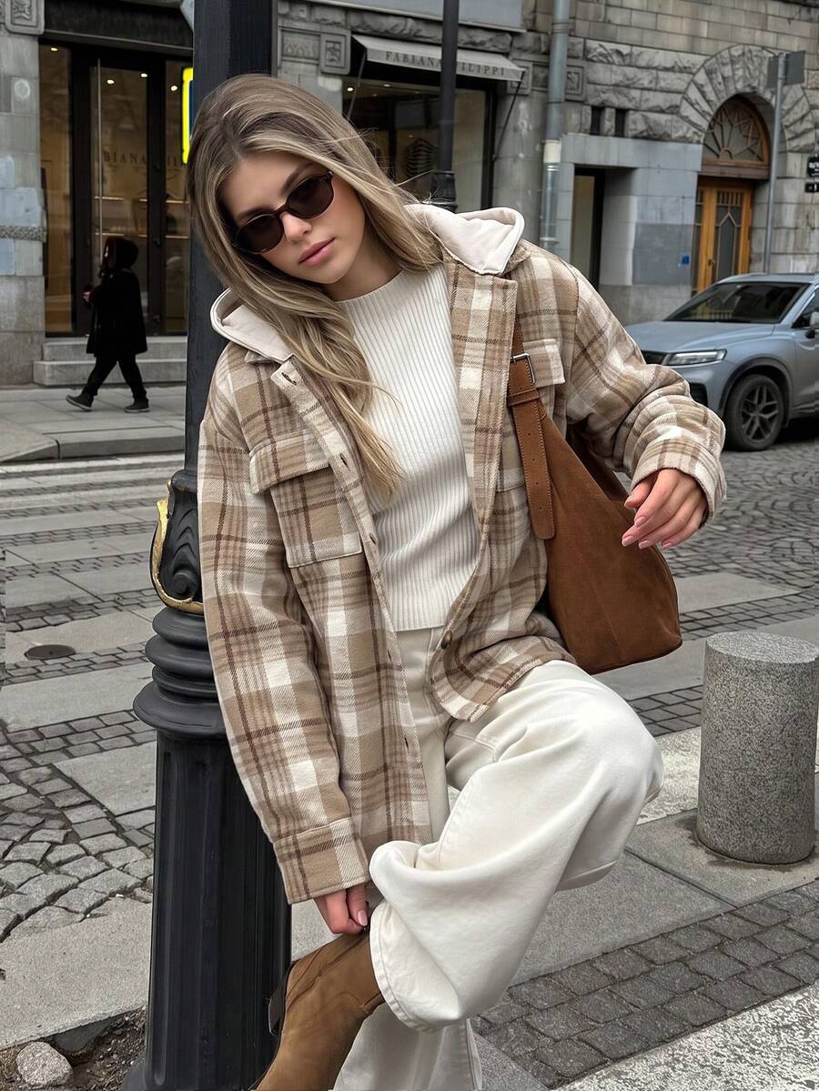 Women's Plaid Hooded Lightweight Shirt Jacket, Spring/Autumn - Multicolor - View 1